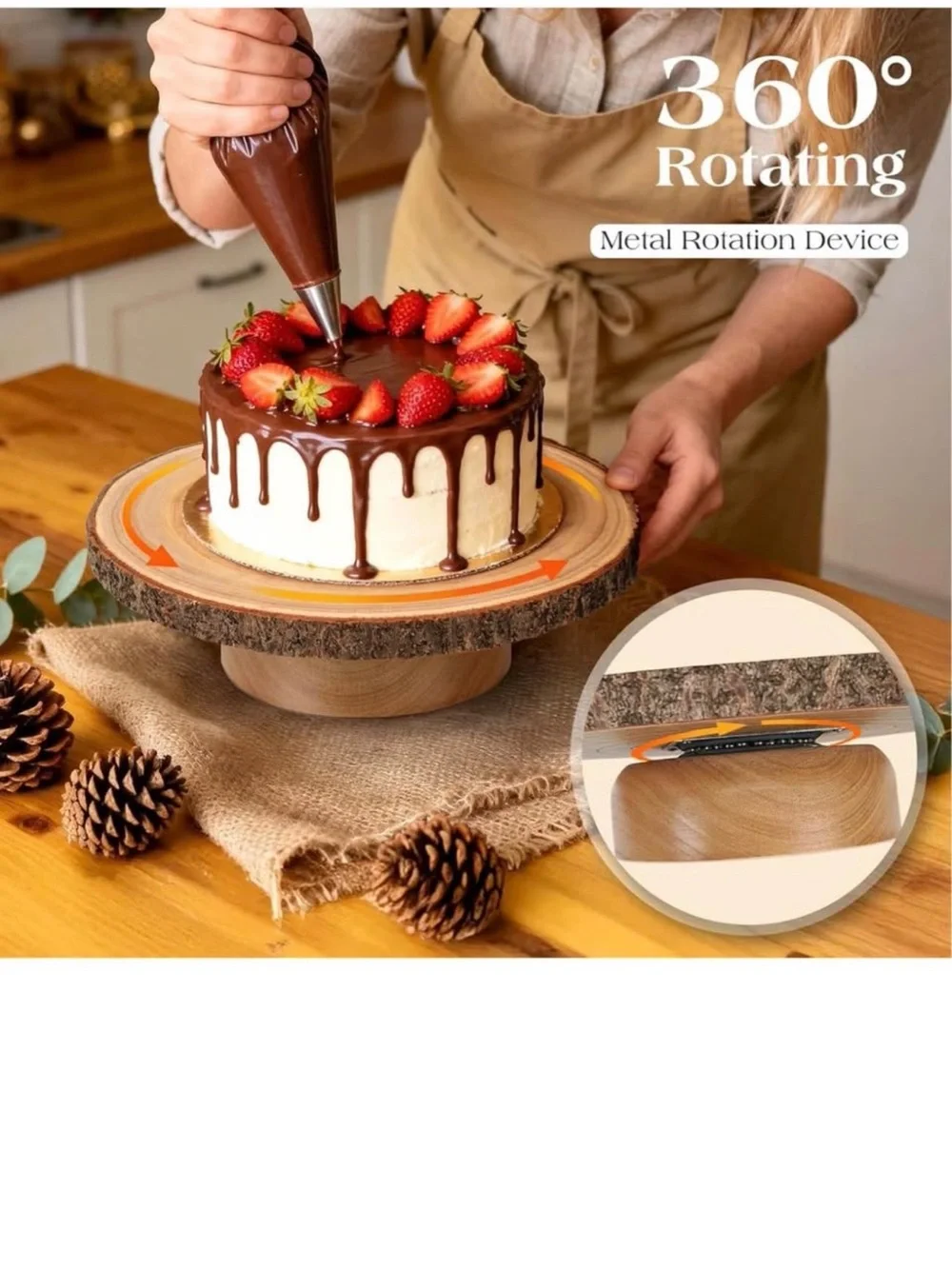 Wooden Cake Stand Turntable with Natural Bark Edge - White Cake Display